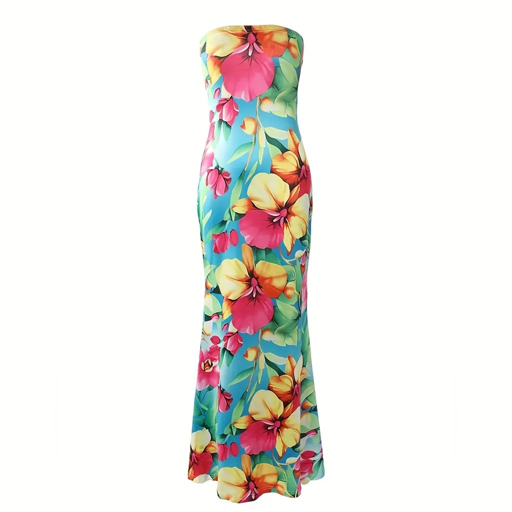 CHICME Strapless All Over Floral Print Maxi Mermaid Dress